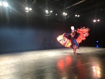 Charlize Arcoren (Sicangu Lakota), dancing at the 3rd Annual Yale Young Native Storyteller Festival