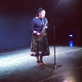 Vonica LaPlante (MHA Nation) performs in front of a packed house at the Off-Broadway Theater at Yale University.