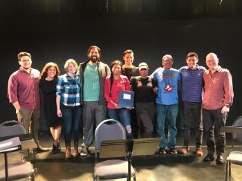 Playwright Reed Adair Bobroff (Navajo Nation), Mary Kathryn Nagle, Cortlandt Sellers, Jake Hart, Nathalie Standingcloud, Wolf Sellers, Olivia Komahcheet, Justin Gauthier, Joshua Zoeller, and Director/Dramaturg Jocelyn Clarke celebrate following a successful reading of A Fraction of Love. 