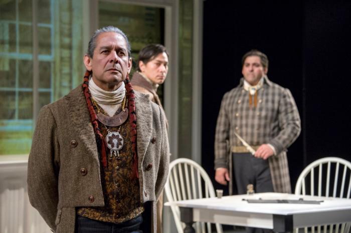 Major Ridge (Andrew Roa), John Ridge (Kalani Queypo), and Elias Boudinot (Jake Hart) at the signing of the Treaty of New Echota ; photo credit Cameron Whitman