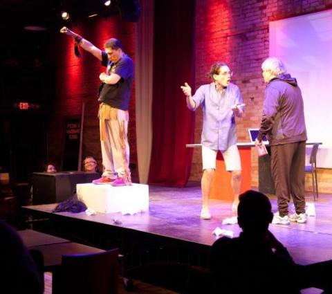 Photo by John Ratzloff featuring left to right, Anthony Gorneau, Donavan Mountain, Brian Joyce in "Making Indixns" by William Yellow Robe, Jr. at the National Native American Ten Minute Play Festival, 2016