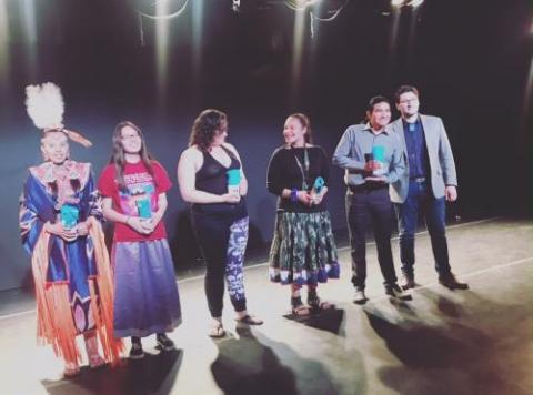 The winners of the Third Annual Yale Young Native Storyteller Contest (from left to right): Charlize Arcoren (Sicangu Lakota), Teanna Hart (Sicangu Lakota), Zooey White (Ogalala Lakota), Vonica LaPlante (MHA Nation), Everett George (Fallon Paiute Shoshone Tribe), and YIPAP’s Associate Director Reed Adair Bobroff (Navajo Nation).